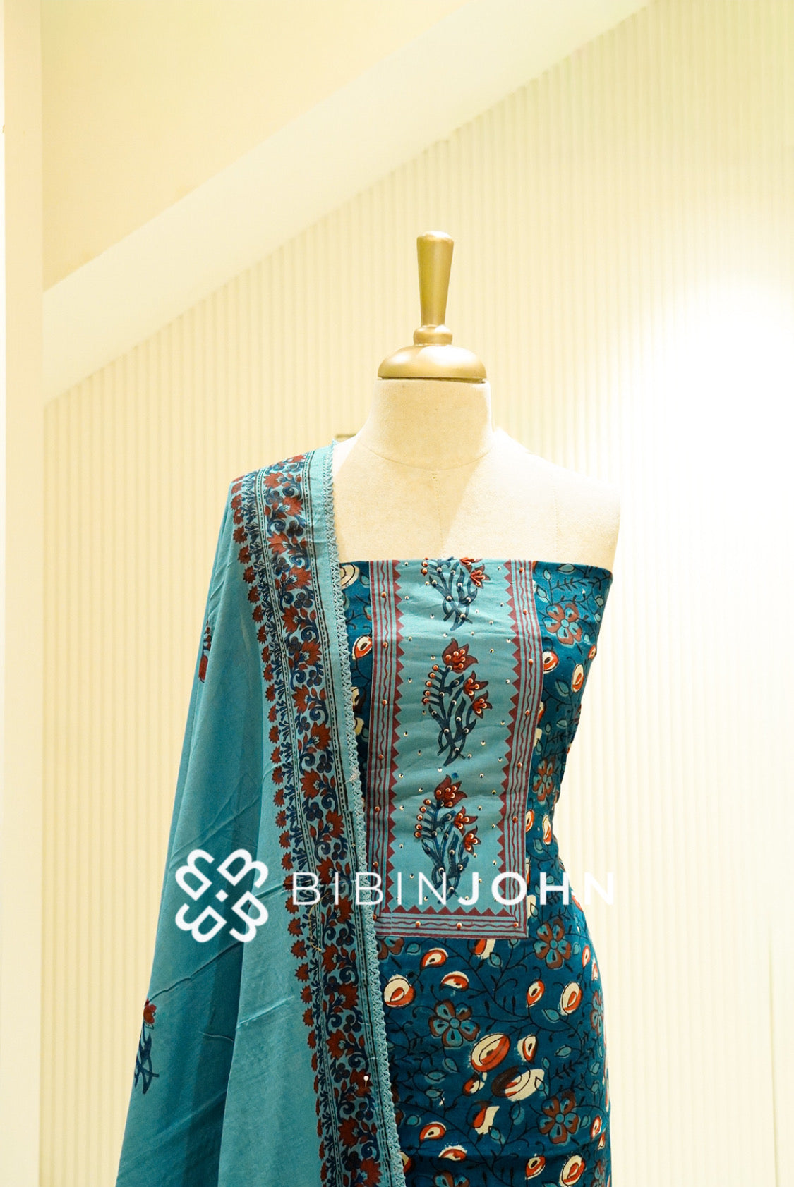 Cotton Embroidery Unstitched Salwar Suit Material Deep Teal Blue  CLOSE VIEW