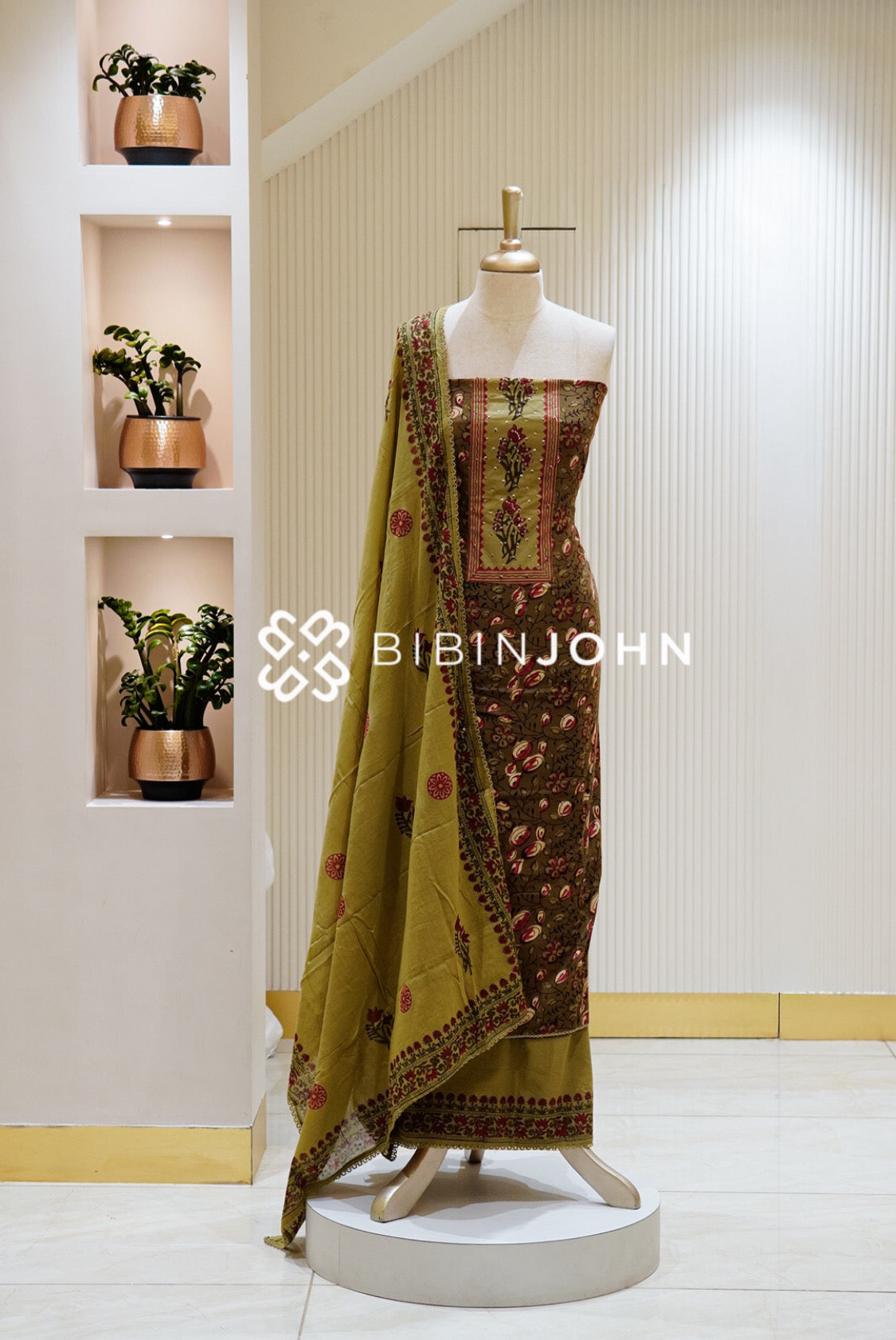 Cotton Embroidery Unstitched Salwar Suit Material Olive Green