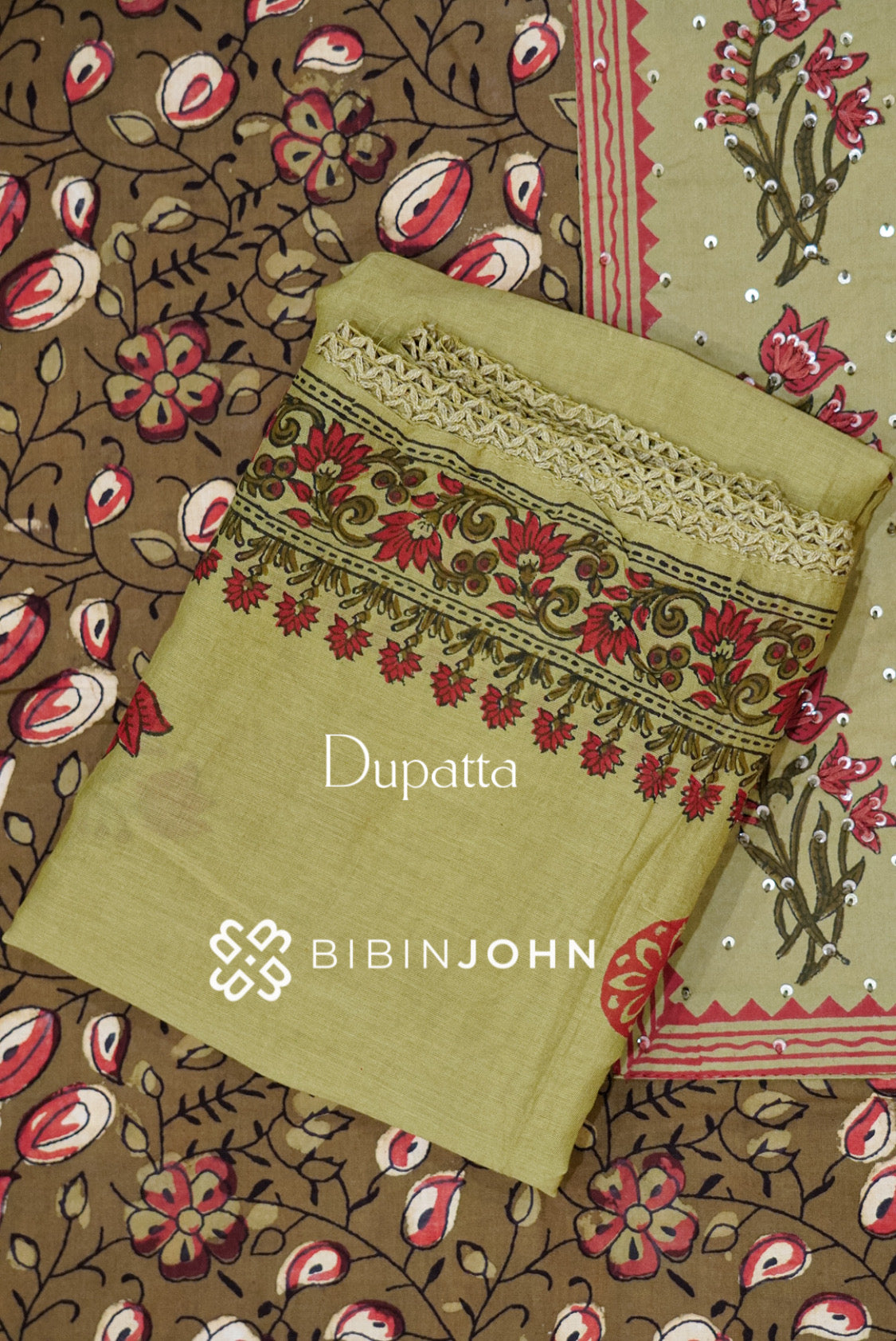 Cotton Embroidery Unstitched Salwar Suit Material Olive Green DUPATTA