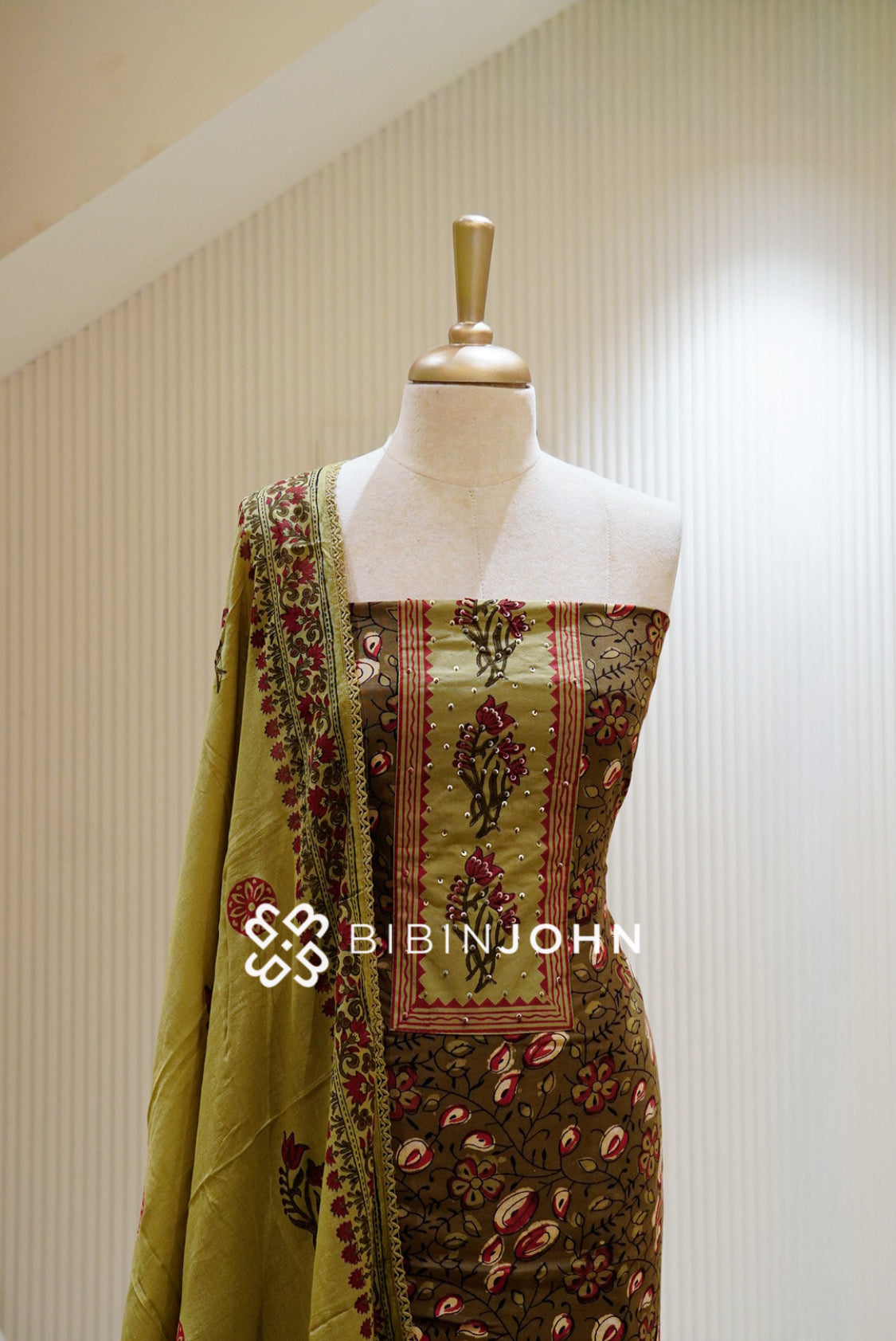 Cotton Embroidery Unstitched Salwar Suit Material Olive Green CLOSE VIEW