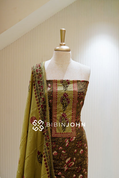 Cotton Embroidery Unstitched Salwar Suit Material Olive Green CLOSE VIEW