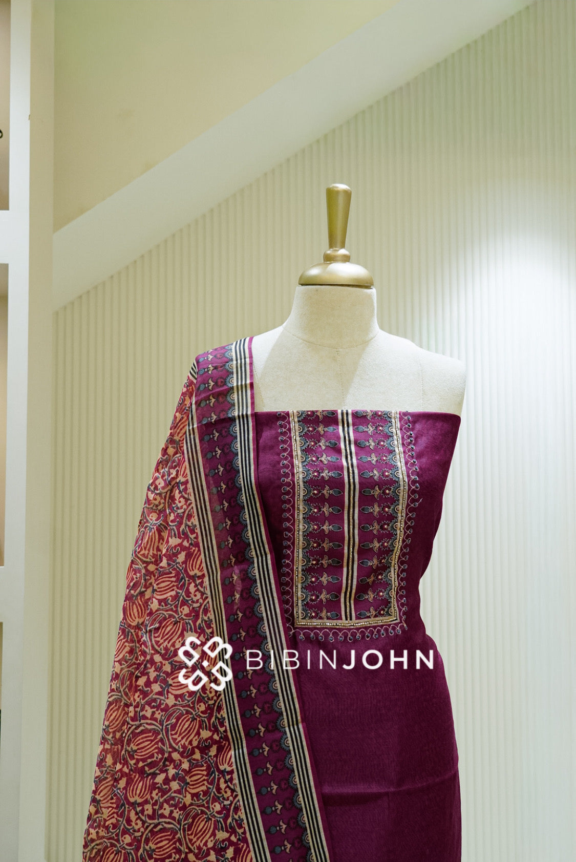 Silk Embroidery Unstitched Salwar Suit Material Wine  close view