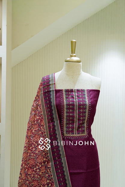 Silk Embroidery Unstitched Salwar Suit Material Wine  close view