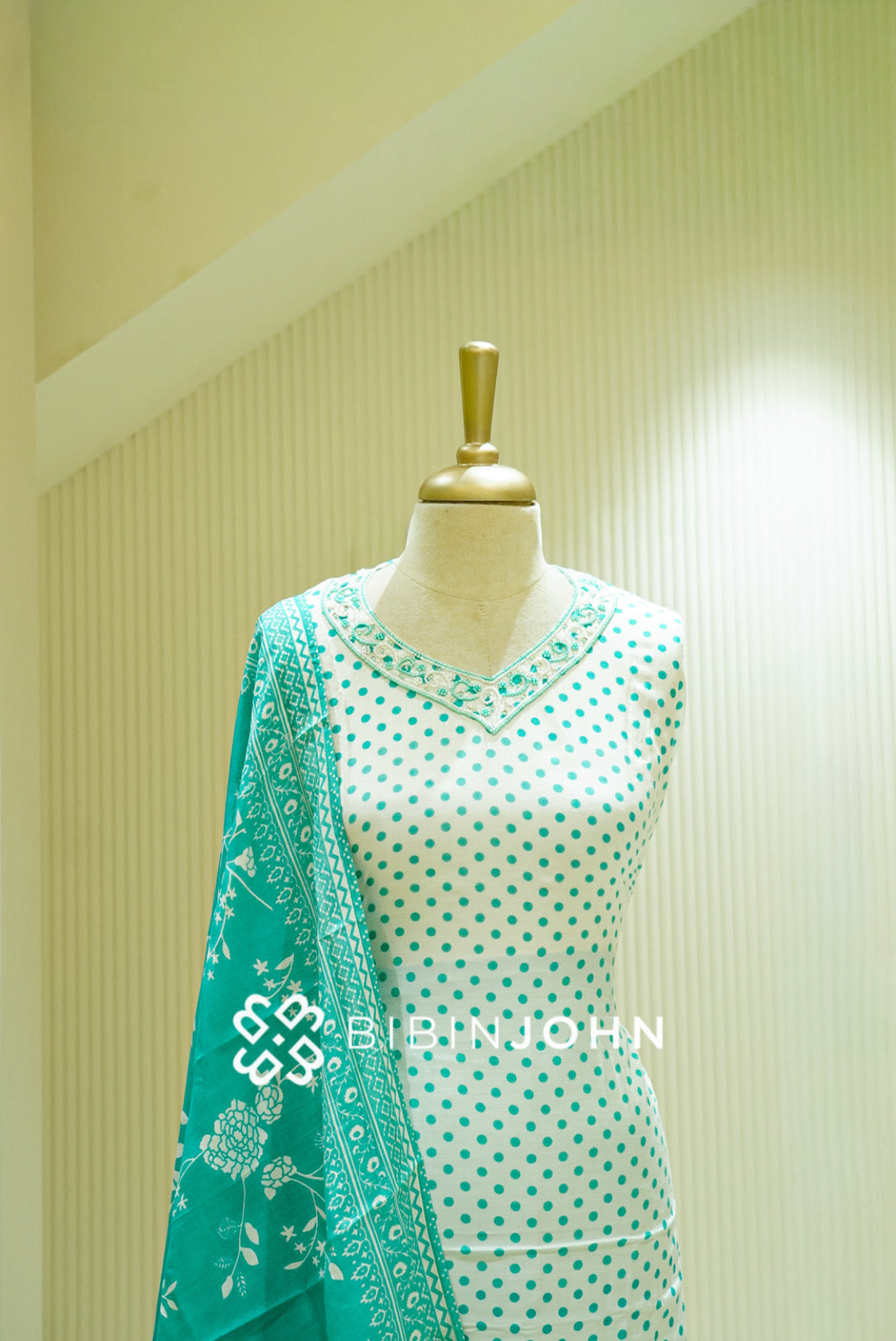 Muslin Embroidery Semi Stitched Salwar Suit Material White & Teal Green  CLOSE VIEW