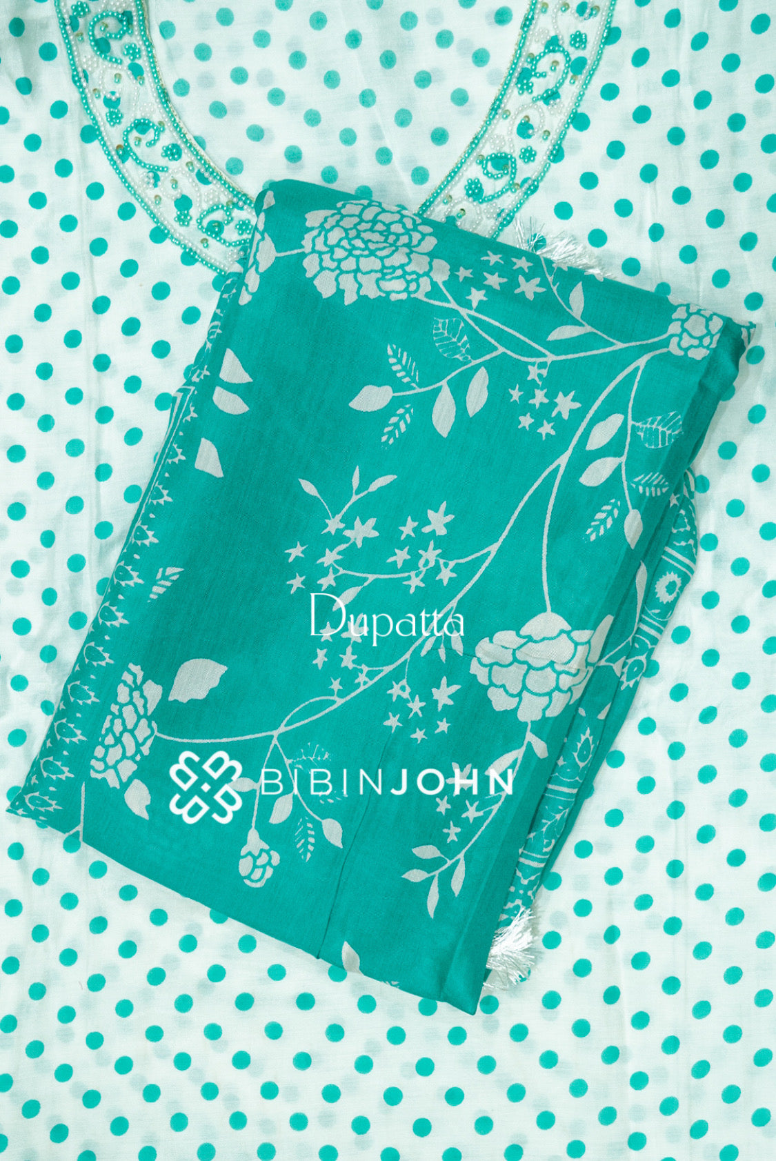 Muslin Embroidery Semi Stitched Salwar Suit Material White & Teal Green DUPATTA