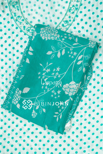 Muslin Embroidery Semi Stitched Salwar Suit Material White & Teal Green DUPATTA