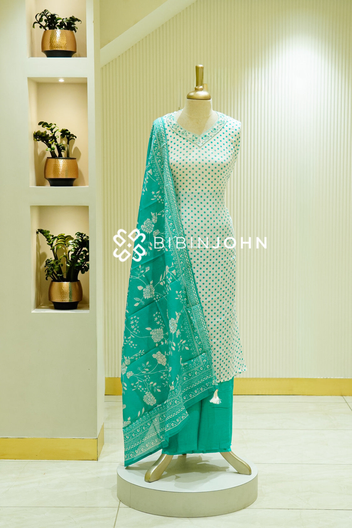 Muslin Embroidery Semi Stitched Salwar Suit Material White & Teal Green