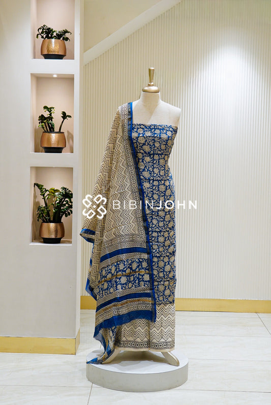 Printed Chanderi Unstitched Salwar Suit Material Royal Blue
