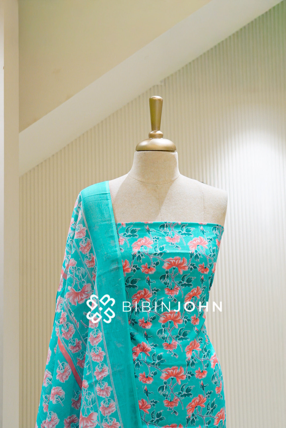 Printed Cotton Unstitched Salwar Suit Material Aqua Blue  CLOSE VIEW
