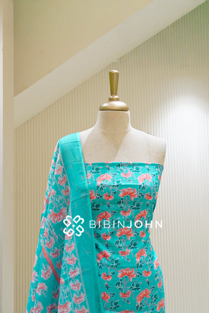 Printed Cotton Unstitched Salwar Suit Material Aqua Blue  CLOSE VIEW
