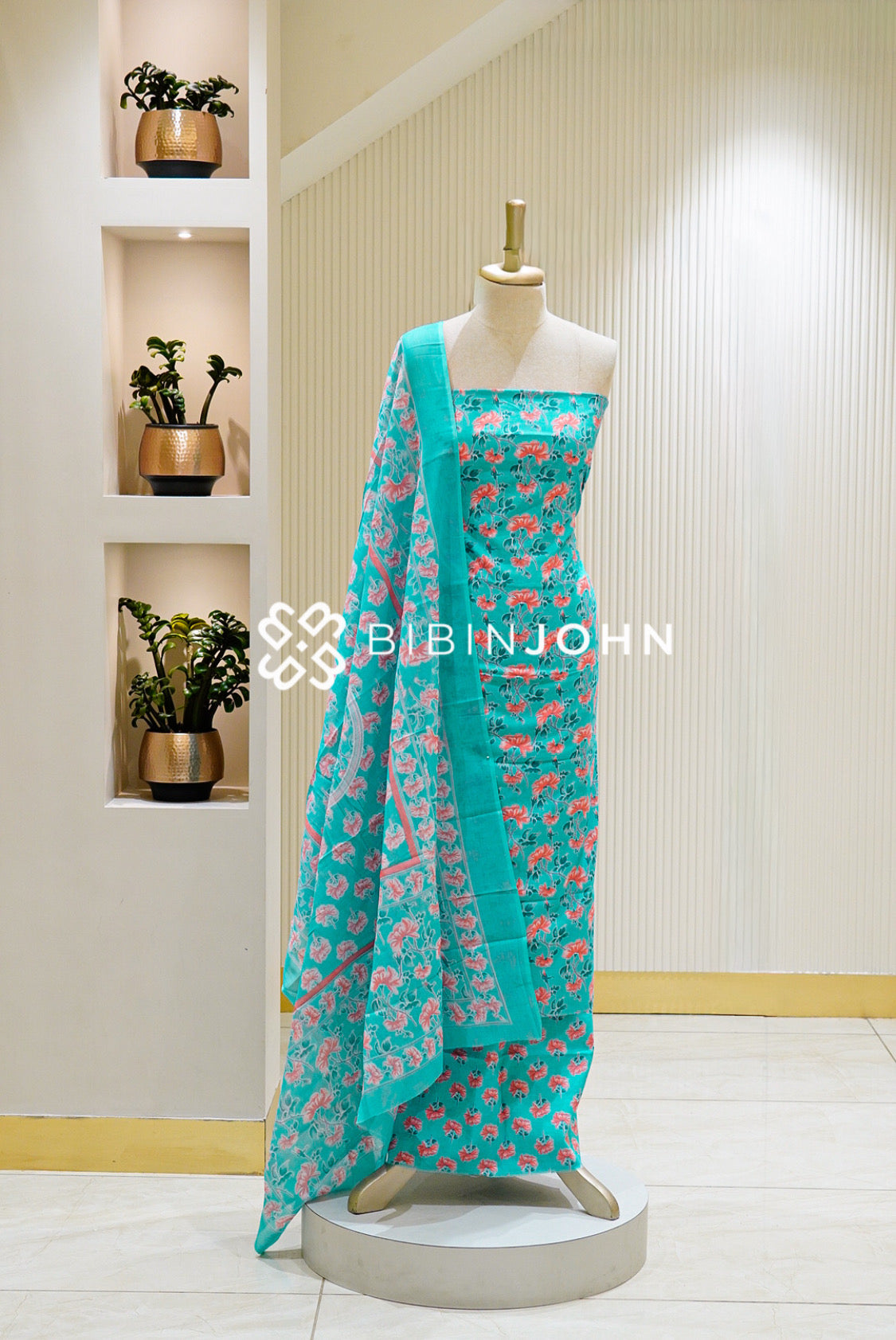 Printed Cotton Unstitched Salwar Suit Material Aqua Blue 