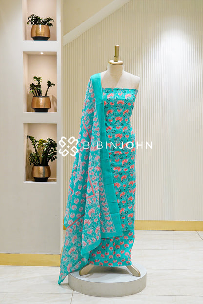 Printed Cotton Unstitched Salwar Suit Material Aqua Blue 