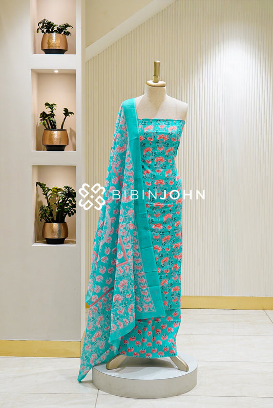 Printed Cotton Unstitched Salwar Suit Material Aqua Blue 