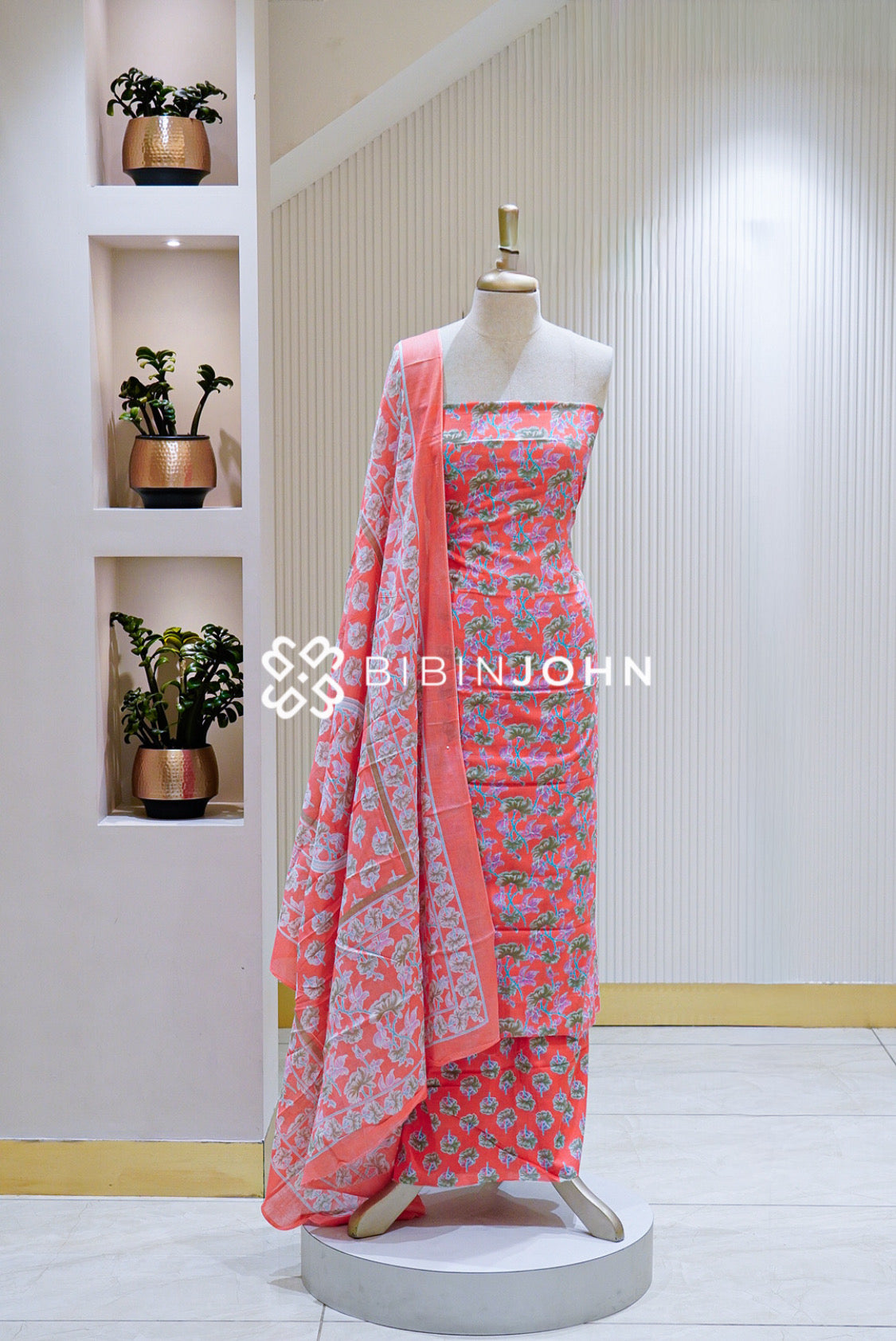 Printed Cotton Unstitched Salwar Suit Material Coral Orange