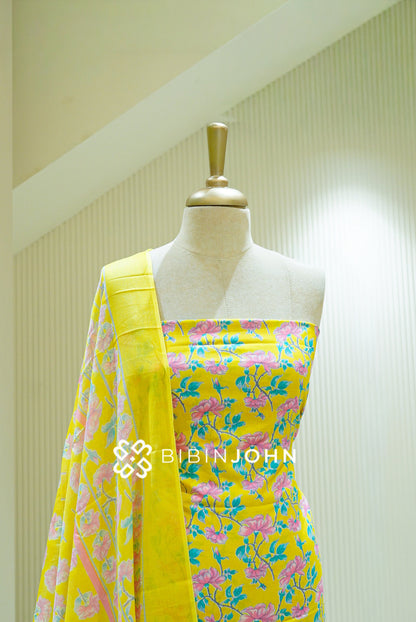 Printed Cotton Unstitched Salwar Suit Material Bright Yellow  CLOSE VIEW