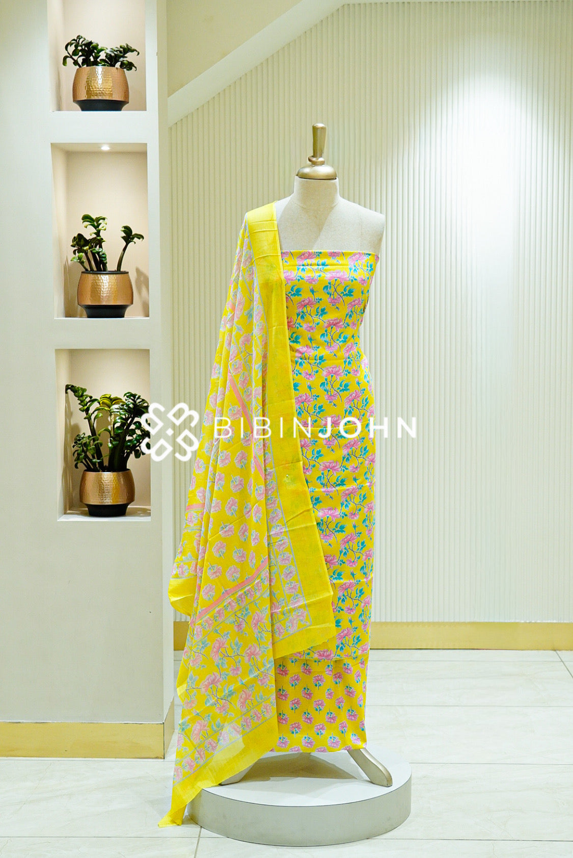Printed Cotton Unstitched Salwar Suit Material Bright Yellow 