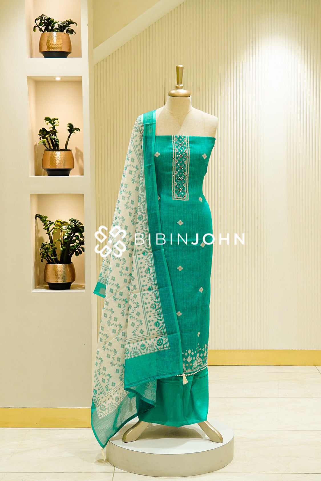 Art Linen Embroidery Unstitched Salwar Suit Material  Turquoise Green