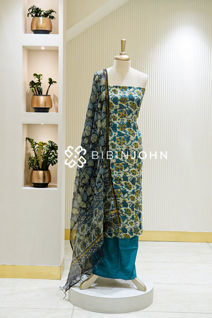 Printed  Cotton Unstitched Salwar Suit Material Cream