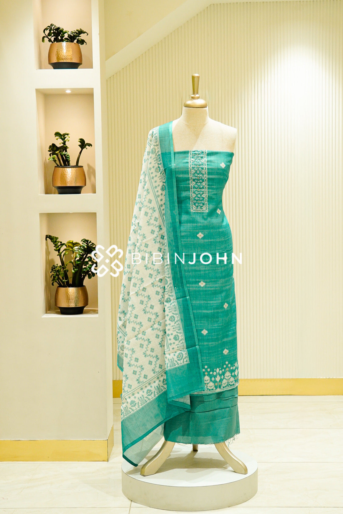 Art Linen Embroidery Unstitched Salwar Suit Material Teal Green with White