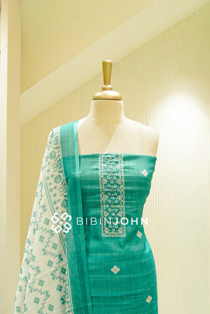 Art Linen Embroidery Unstitched Salwar Suit Material Teal Green with White CLOSE VIEW