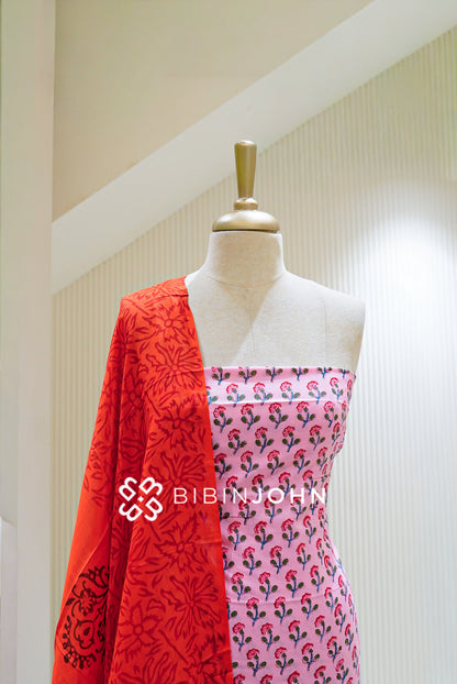 Printed Cotton Unstitched Salwar Suit Material Pink with Red  CLOSE VIEW
