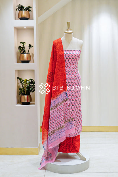 Printed Cotton Unstitched Salwar Suit Material Pink with Red  