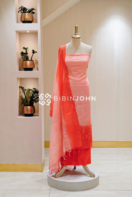 Chanderi Embroidery Unstitched Salwar Suit Material  Peach-Pink