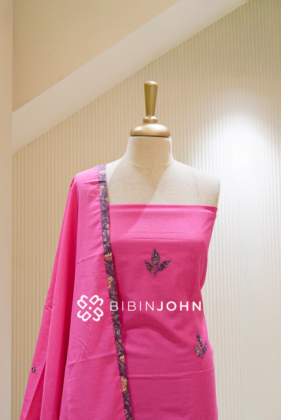 Chanderi Embroidery Unstitched Salwar Suit Material Bright Pink  close view
