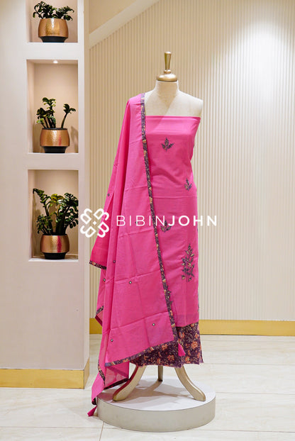 Chanderi Embroidery Unstitched Salwar Suit Material Bright Pink 