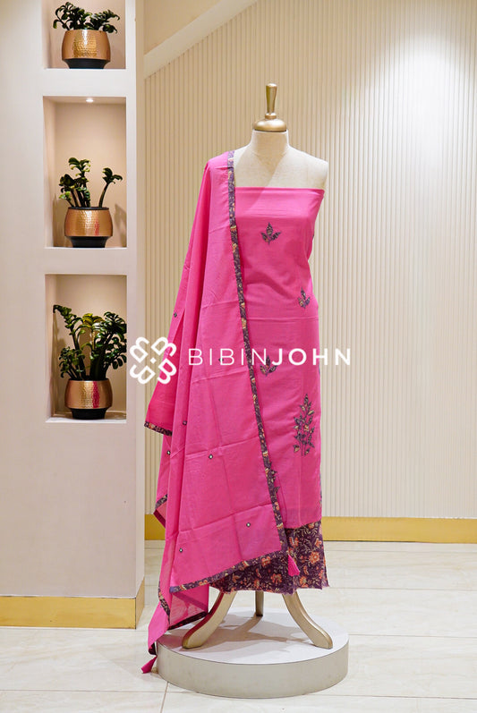 Chanderi Embroidery Unstitched Salwar Suit Material Bright Pink 