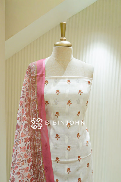 Semi Linen Unstitched Salwar Suit Material  Ivory close view