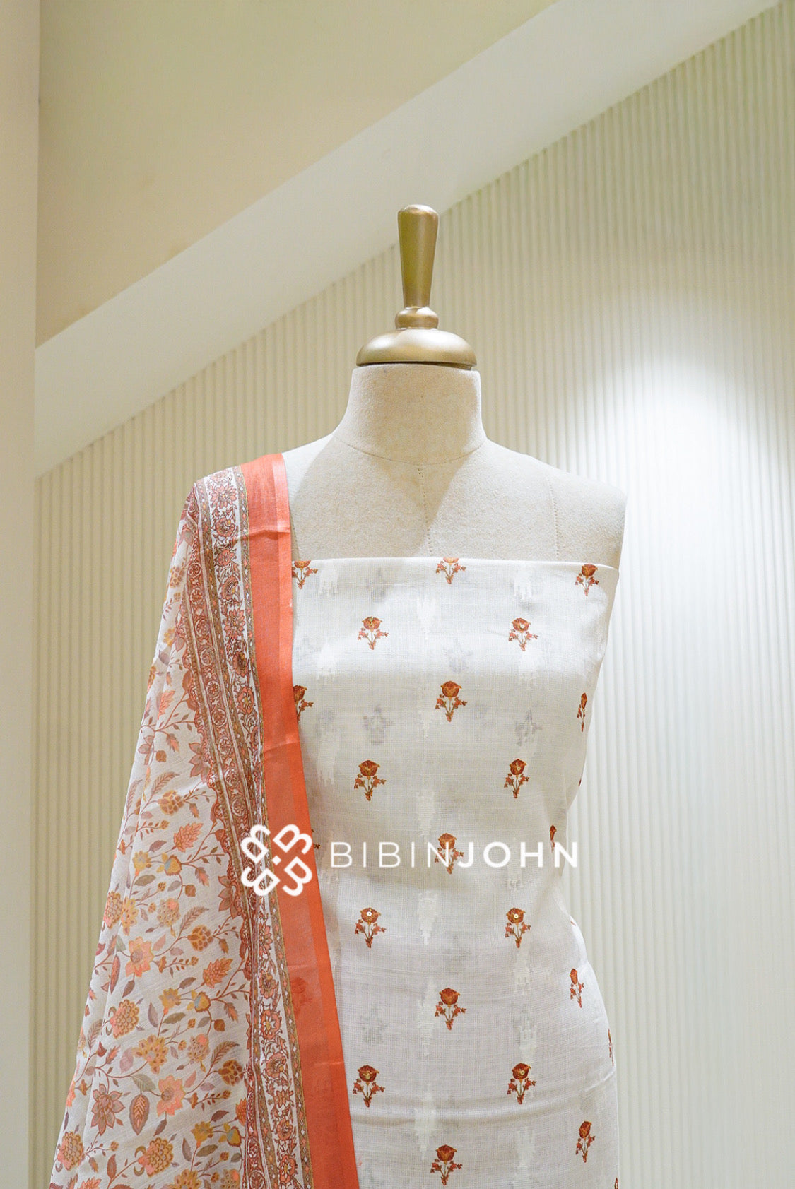Semi Linen Unstitched Salwar Suit Material Ivory with Rust Orange  CLOSE VIEW