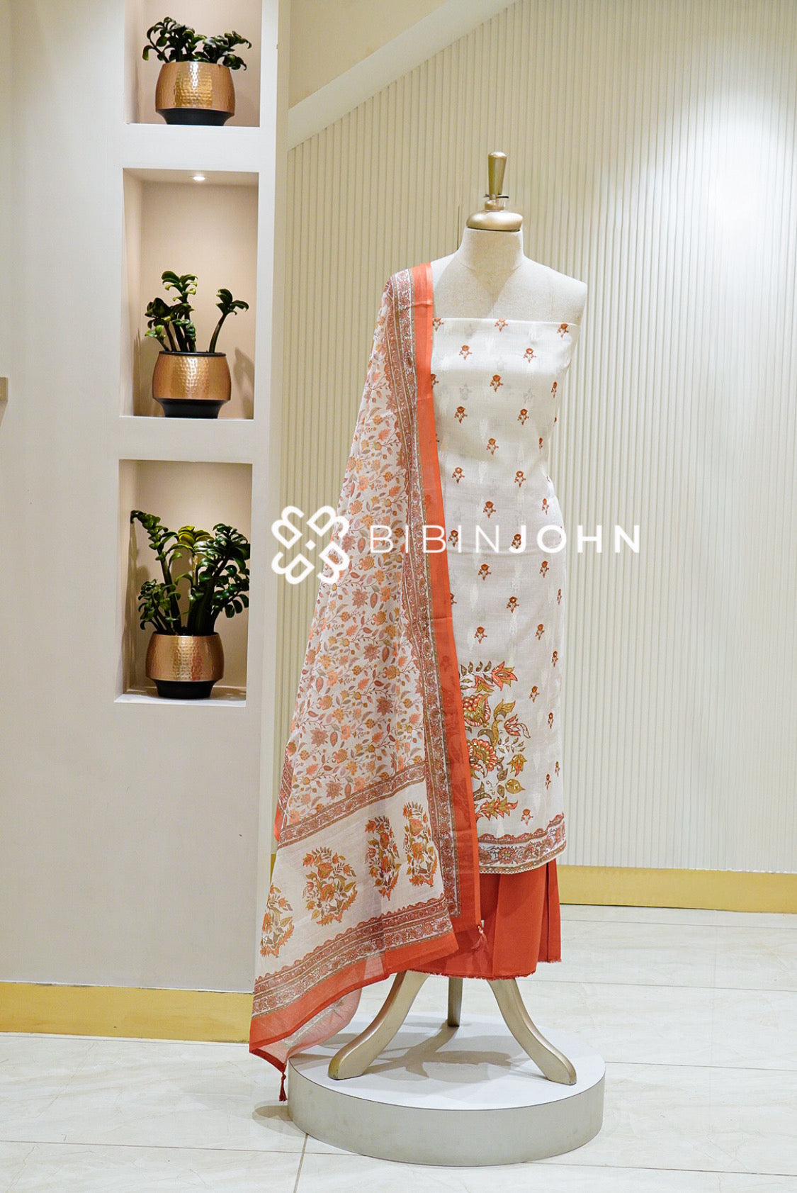 Semi Linen Unstitched Salwar Suit Material Ivory with Rust Orange 