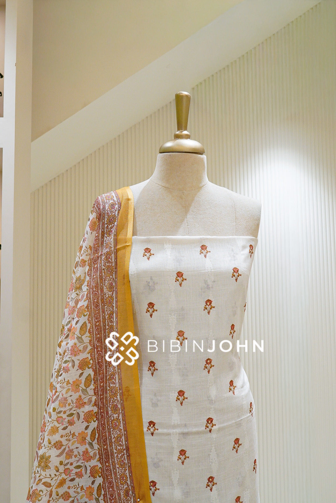 Semi Linen Unstitched Salwar Suit Material Ivory with Mustard close view
