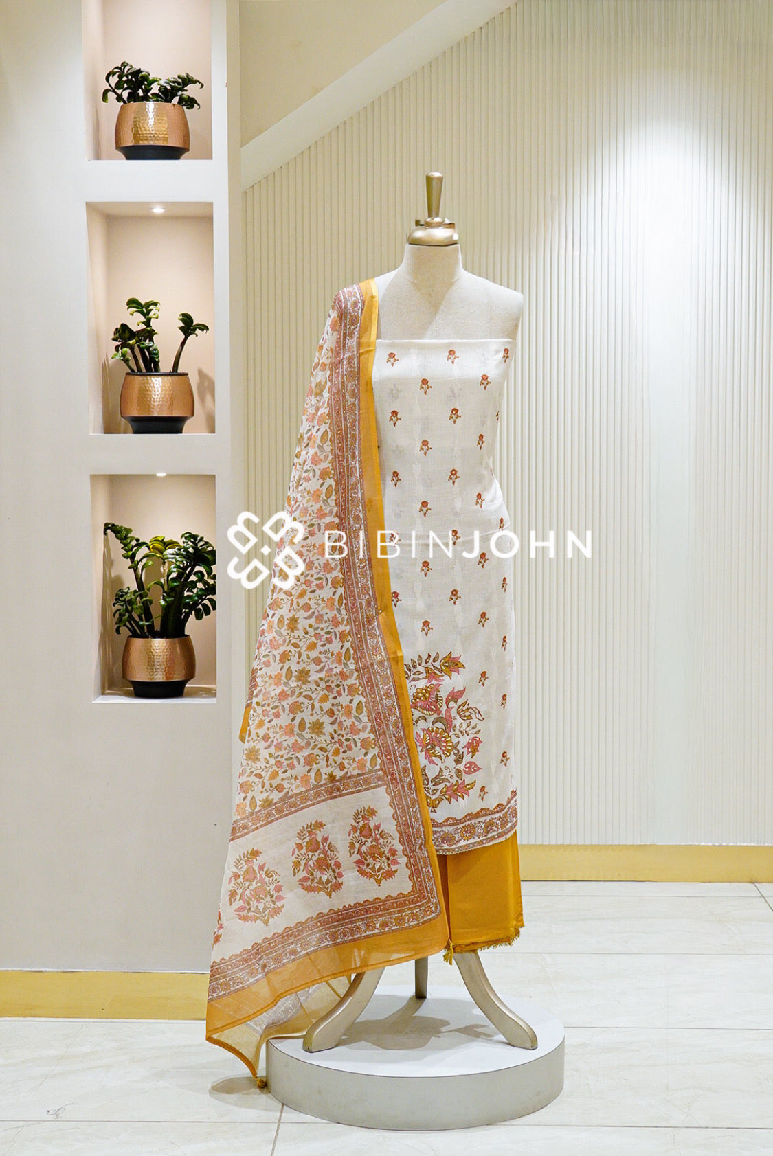 Semi Linen Unstitched Salwar Suit Material Ivory with Mustard 