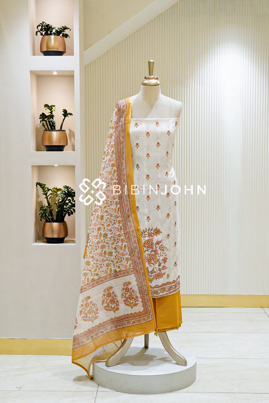 Semi Linen Unstitched Salwar Suit Material Ivory with Mustard 