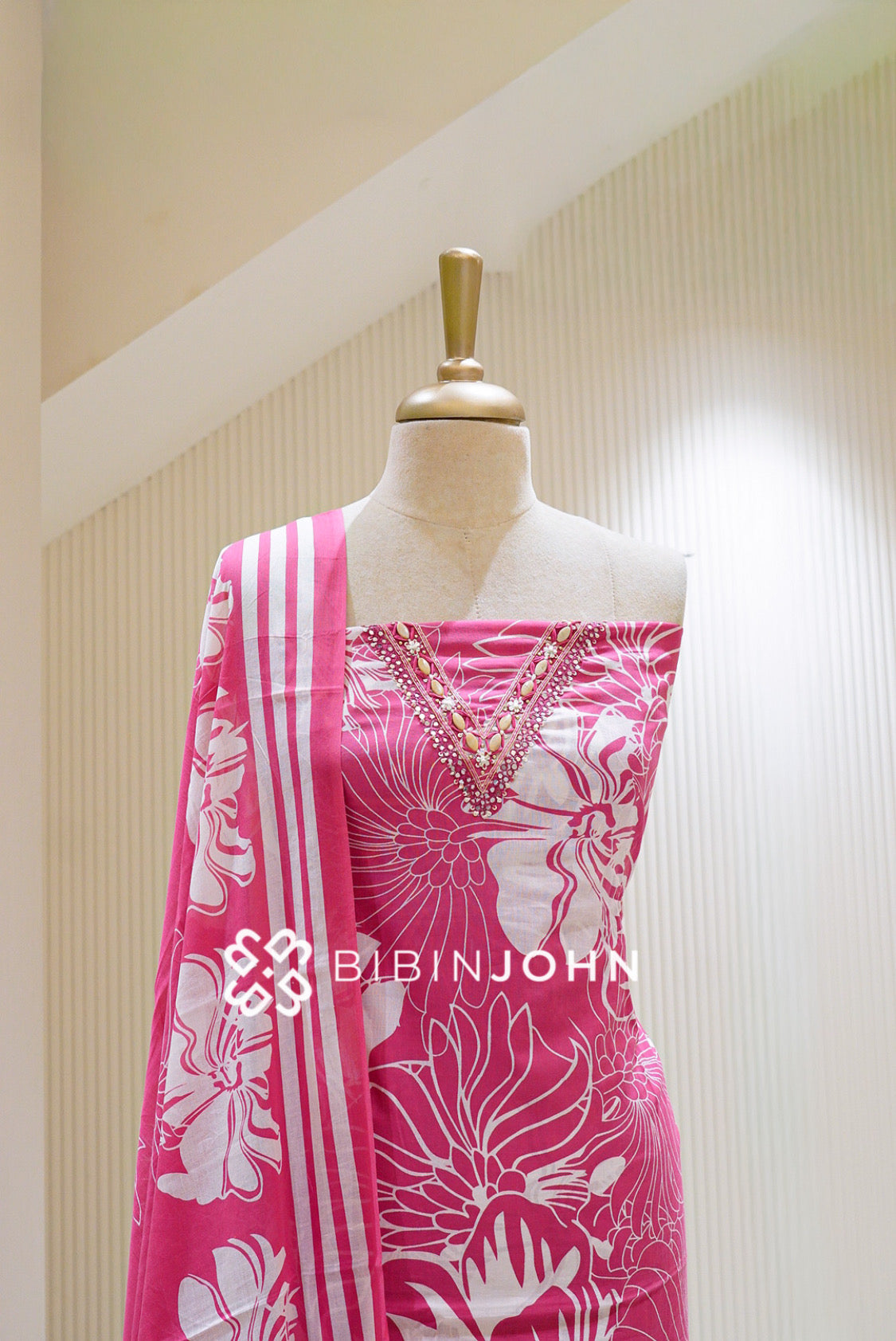 Cotton Embroidery Unstitched Salwar Suit Material Bright Pink with White CLOSE VIEW