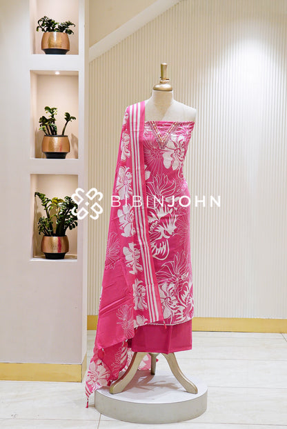 Cotton Embroidery Unstitched Salwar Suit Material Bright Pink with White