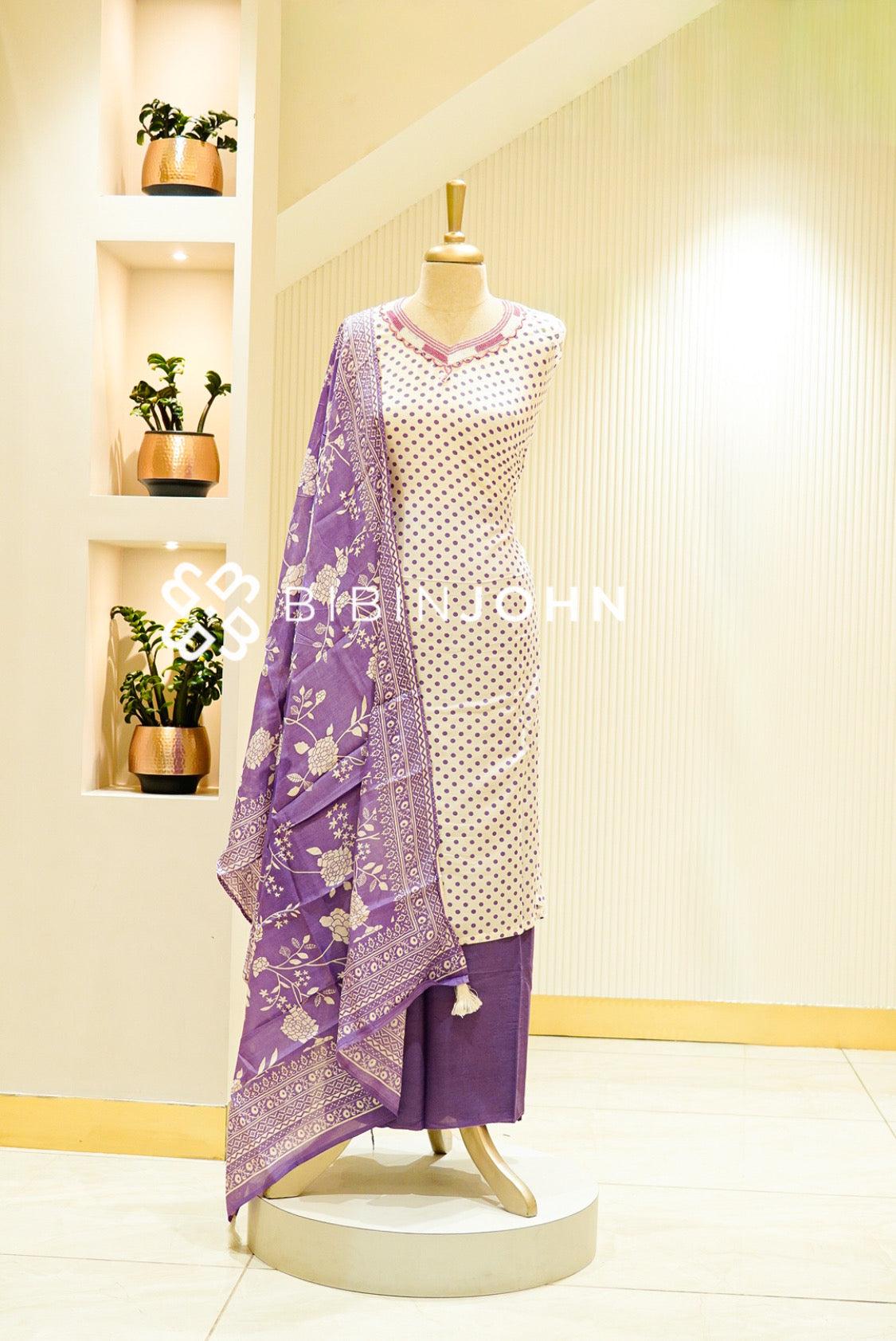 Muslin Embroidery Semi stitched Salwar Suit Material Ivory with Purple