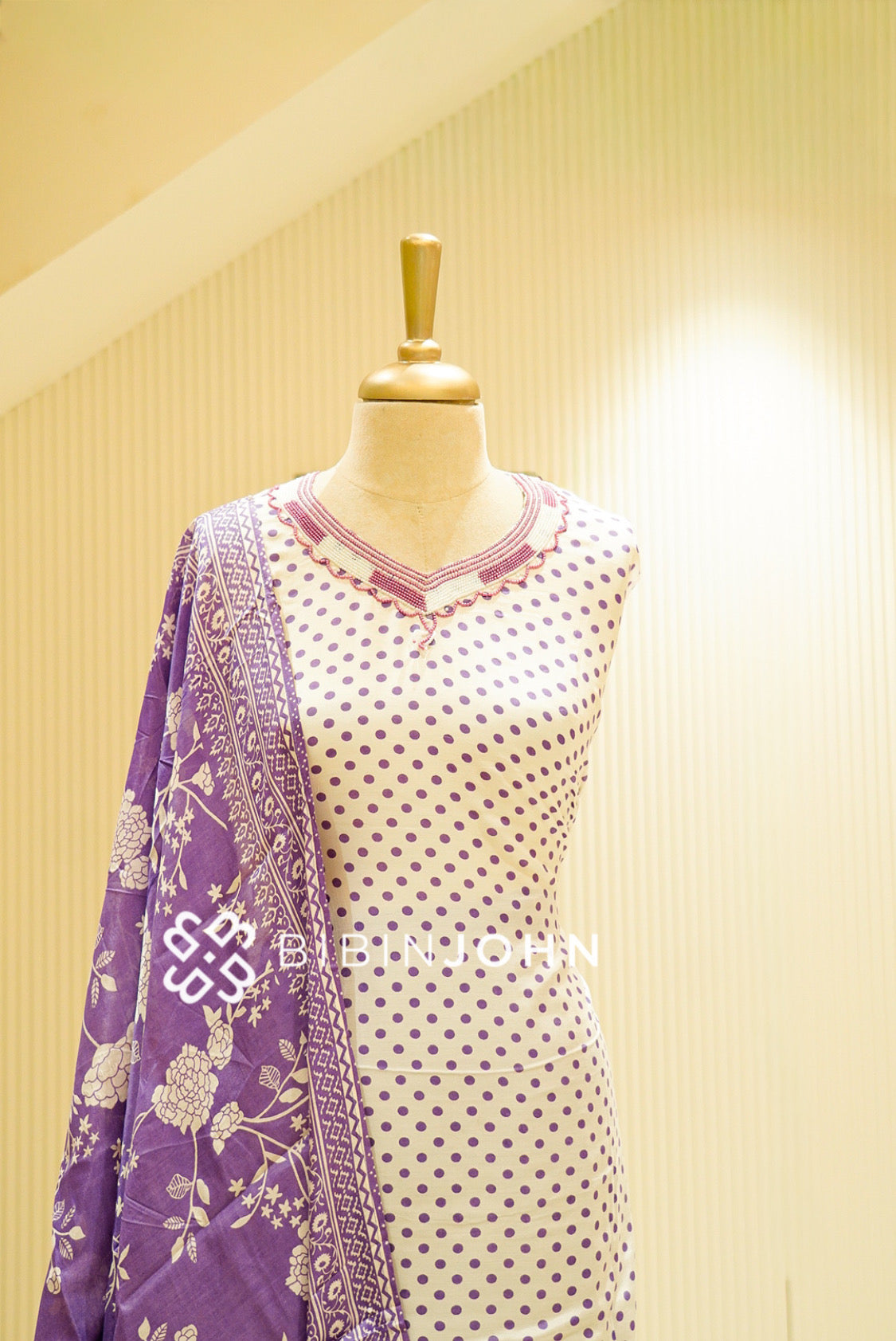 Muslin Embroidery Semi stitched Salwar Suit Material Ivory with Purple close view