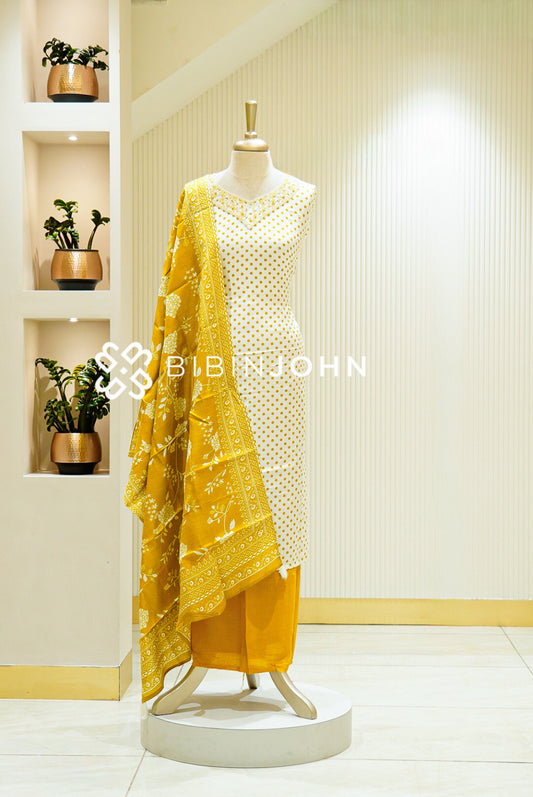 Muslin Embroidery Semi-Stitched Salwar Suit Material Ivory With Mustard Yellow 