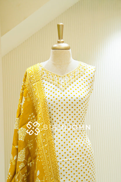 Muslin Embroidery Semi-Stitched Salwar Suit Material Ivory With Mustard Yellow  CLOSE VIEW