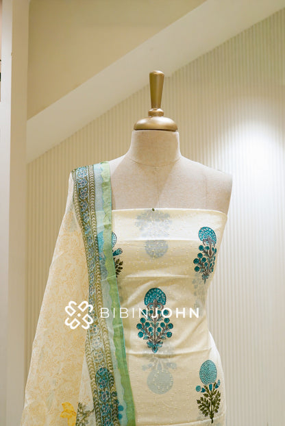 Printed Cotton Unstitched Salwar Suit Material Ivory Teal Blue  CLOSE VIEW