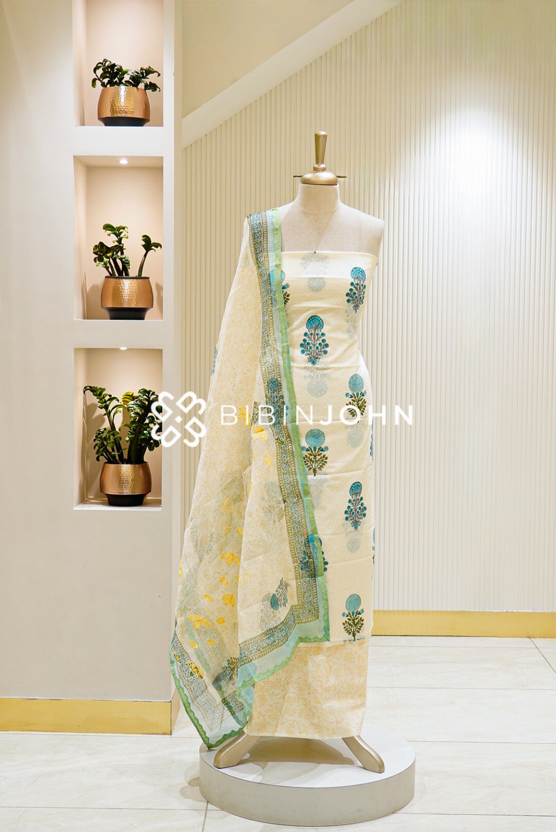 Printed Cotton Unstitched Salwar Suit Material Ivory Teal Blue 