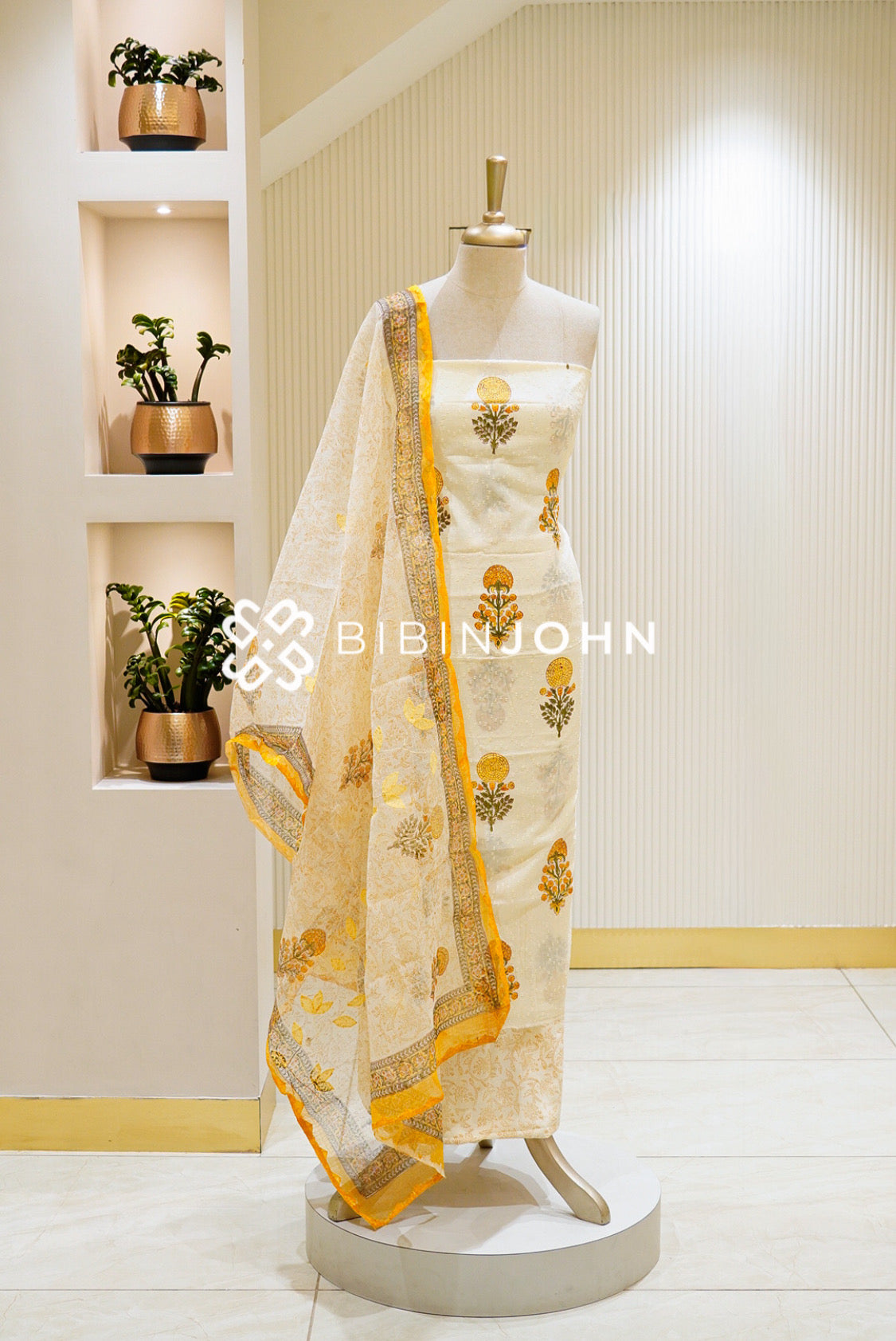Printed Cotton Unstitched Salwar Suit Material Ivory Mustard Yellow 