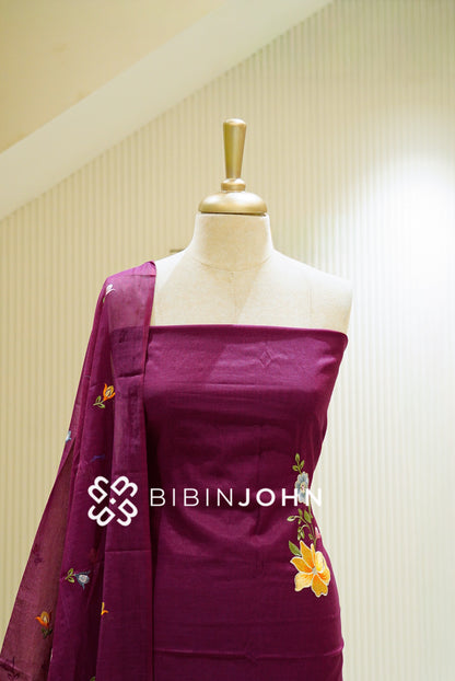 Chanderi Embroidey Unstitched Salwar Suit Material Deep Wine  close view