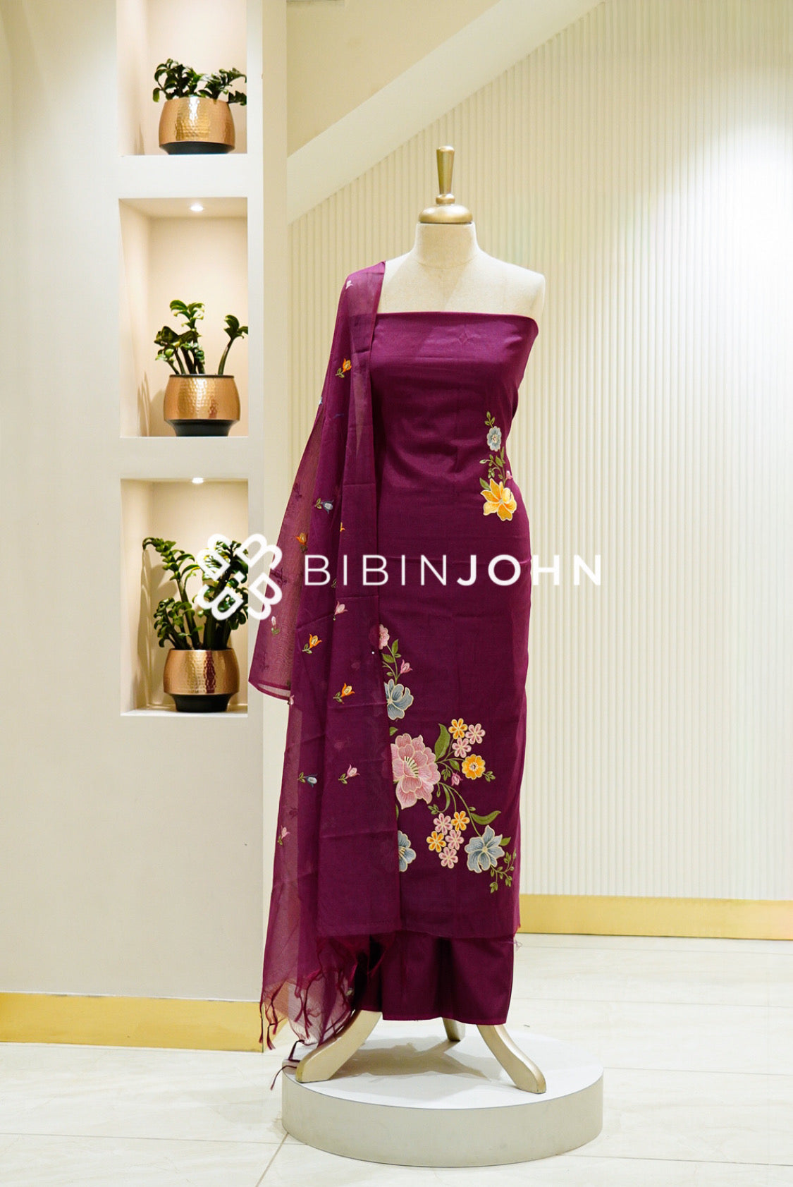 Chanderi Embroidey Unstitched Salwar Suit Material Deep Wine 