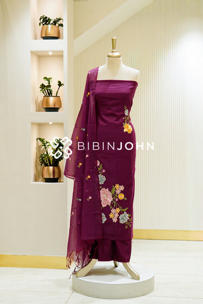 Chanderi Embroidey Unstitched Salwar Suit Material Deep Wine 