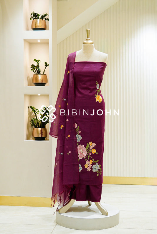 Chanderi Embroidey Unstitched Salwar Suit Material Deep Wine 