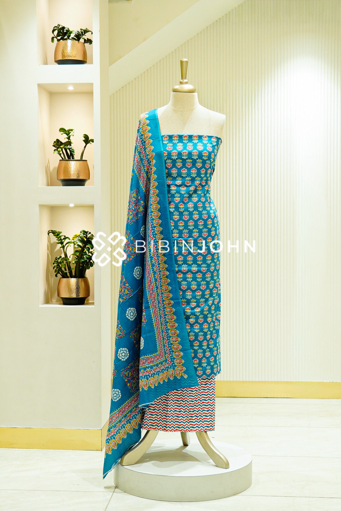 Printed Cotton Unstitched Salwar Suit Material Teal Blue